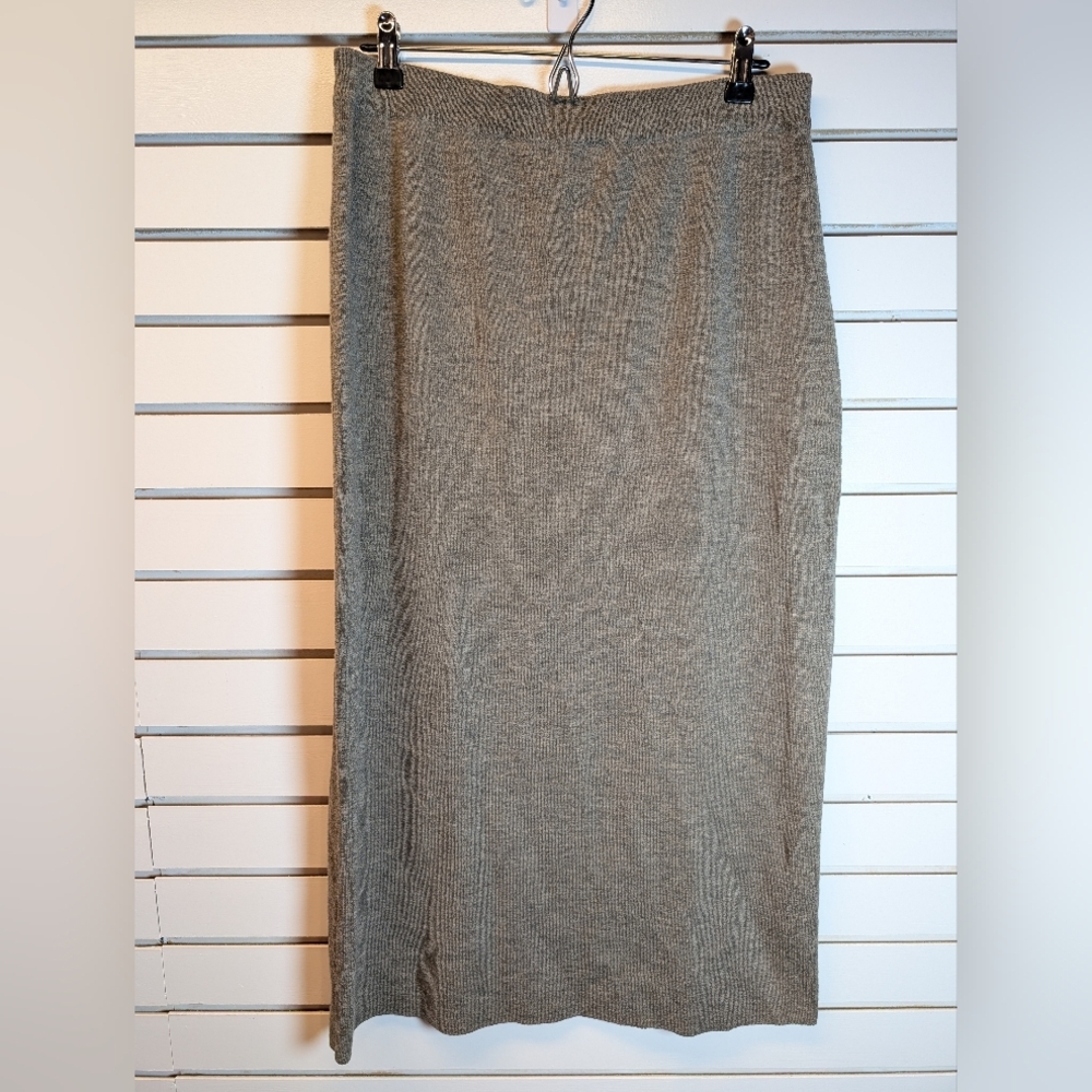 Eileen Fisher 100% Italian Wool Yarn Gray Brown Midi Pencil Skirt Size L EUC